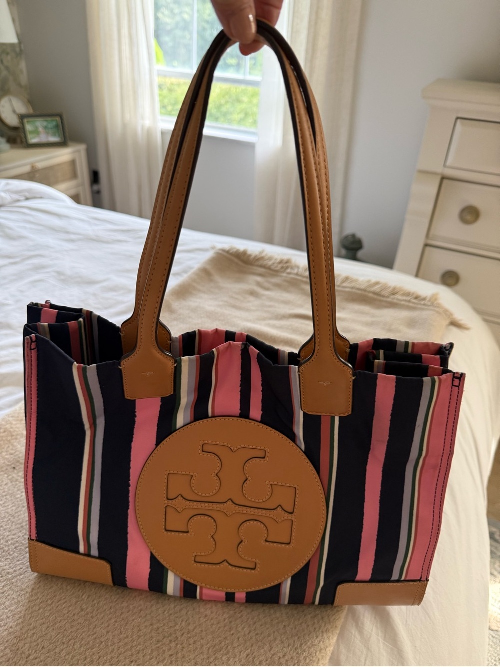Tory Burch Ella tote featuring a vertical navy and pink canyon stripe. - Picture 6 of 8